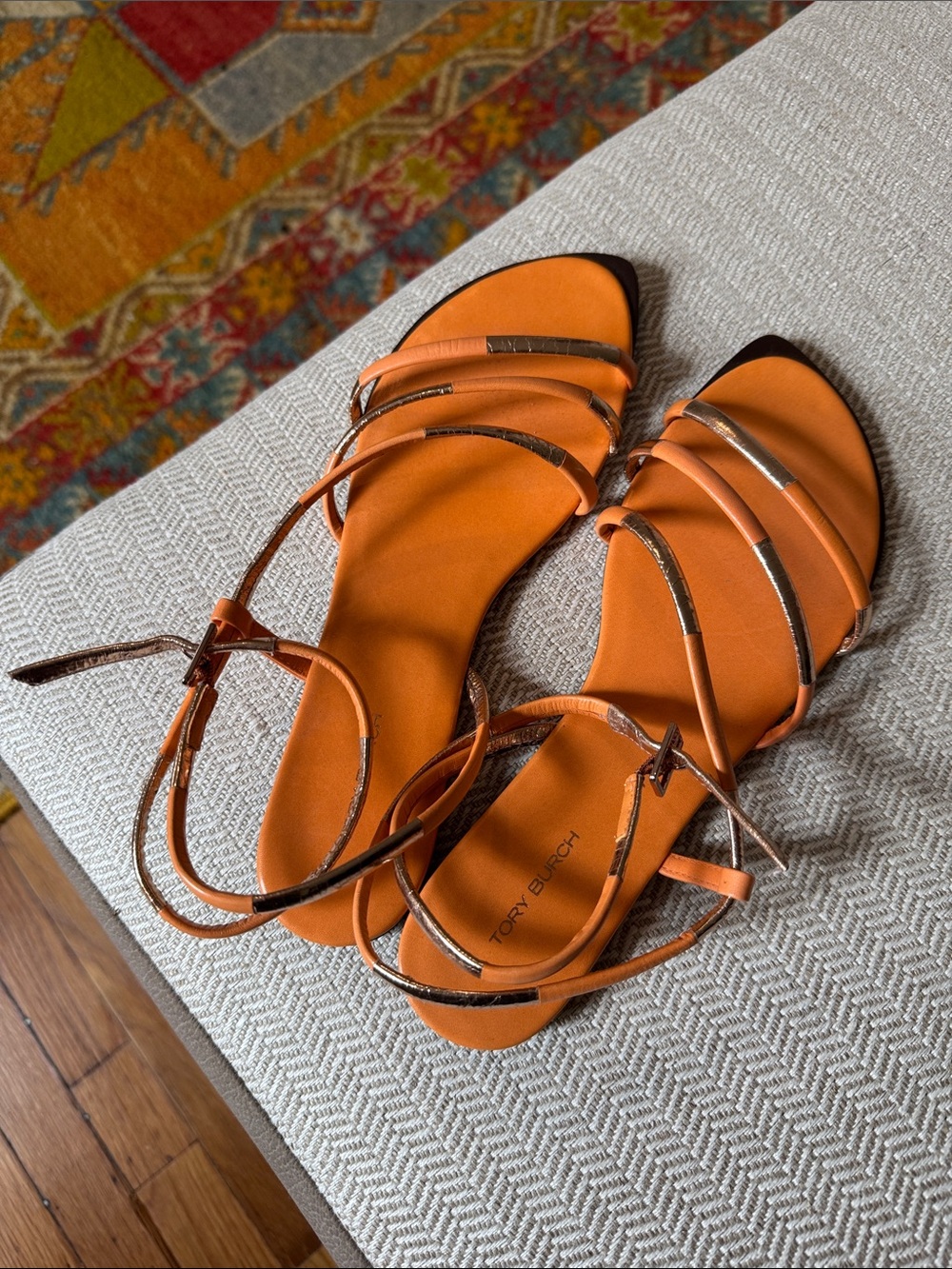 Tory Burch Split Mignon Multi Strap Flat Sandal in Orange and Gold